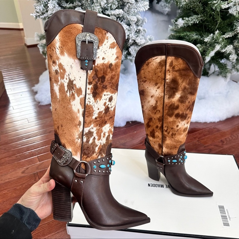 Steve Madden Kolt Leather Cow Hide Brown and Tan Western Cowgirl Heeled Boots